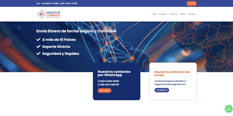 Hago tus Cambios - Landing Page para servicios de cambios y envio de remesas. - Proyecto de Fintech desarrollado por Providesys Chile