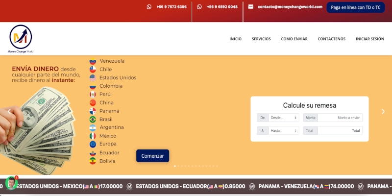 MoneyChange World - Landing Page de casa de cambio con cotizaciones en tiempo real y reporting financiero. - Proyecto de Fintech desarrollado por Providesys Chile